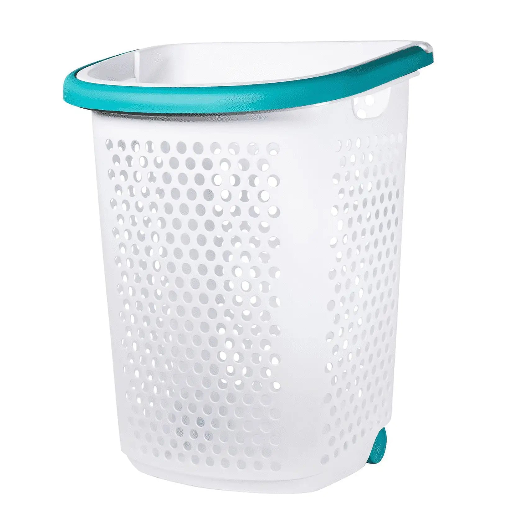 single white rolling laundry hamper with teal pop up handle lightweight plastic