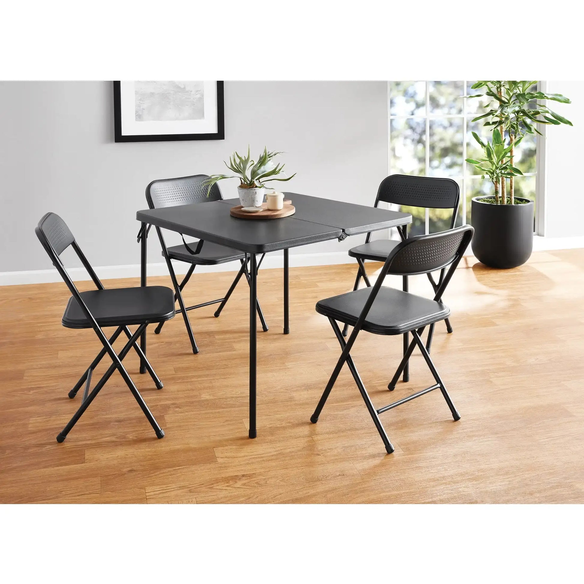 black resin folding table and chairs set for dining events and party use indoor outdoor