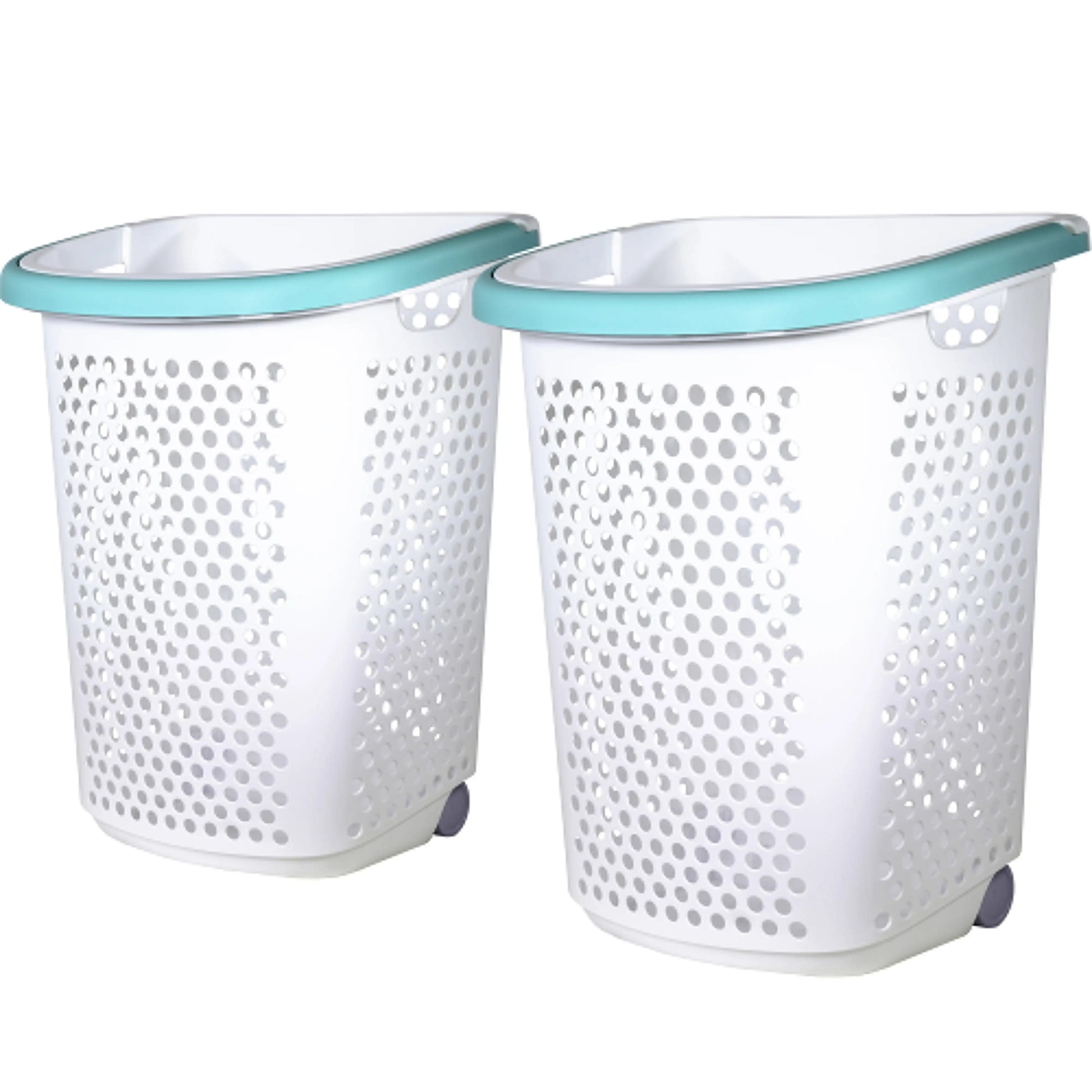 2 pack rolling plastic laundry hampers white with pop up handle large 2 bushel capacity