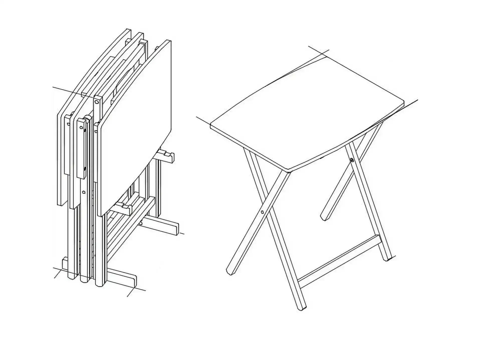 illustration of 5 piece folding tray table set with storage rack rustic gray color