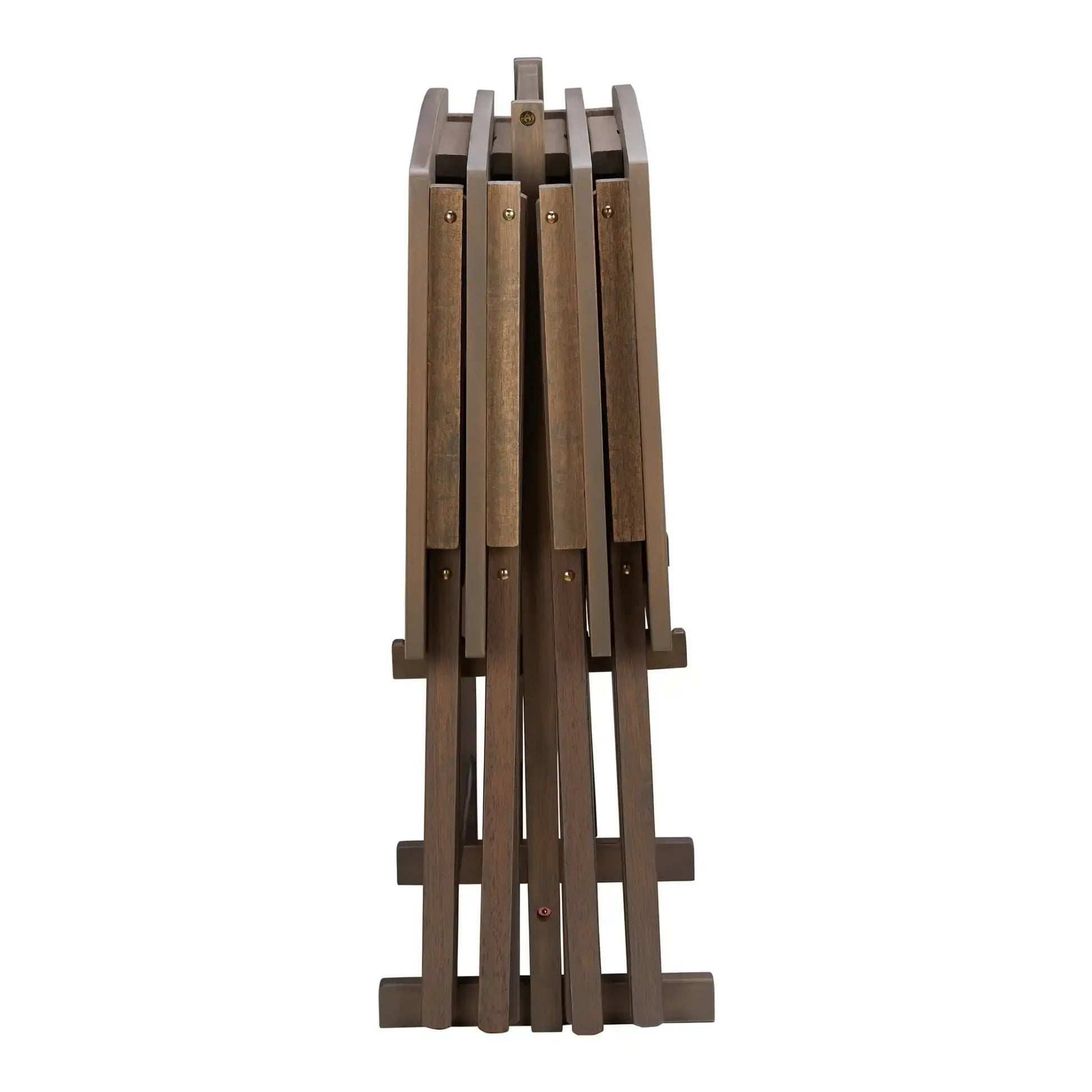 set of folding tray tables stacked in storage rack rustic gray wood finish