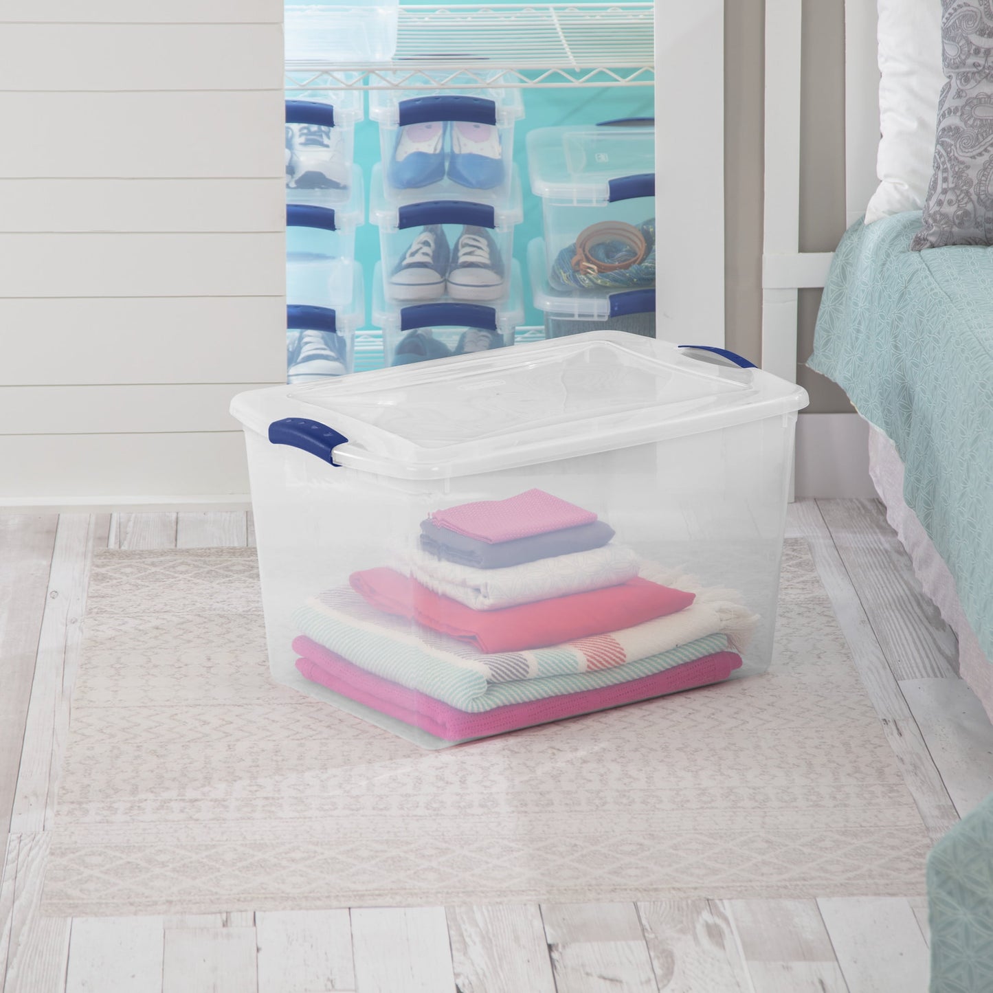 4-Pack 66-Quart Clear Latch Storage Bin – Blue Lid, Stackable, Durable Container