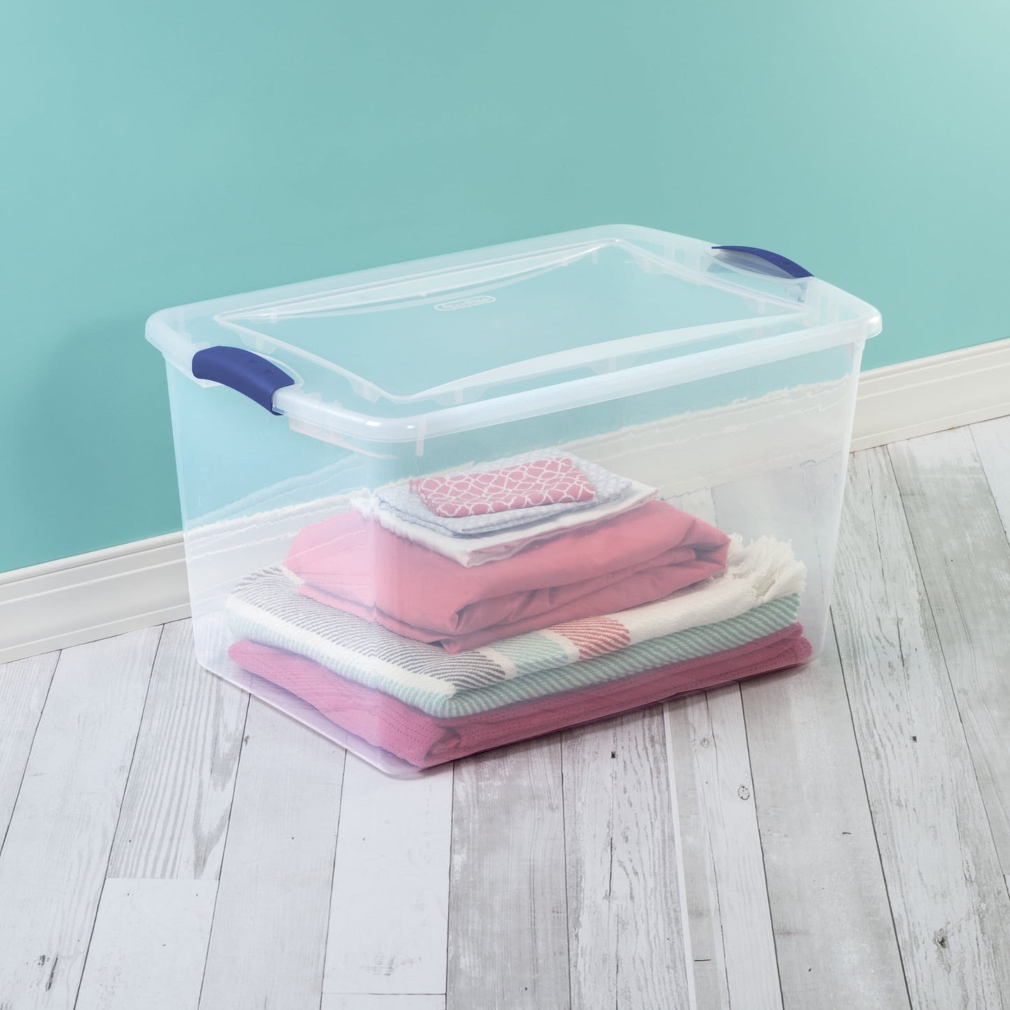 4-Pack 66-Quart Clear Latch Storage Bin – Blue Lid, Stackable, Durable Container