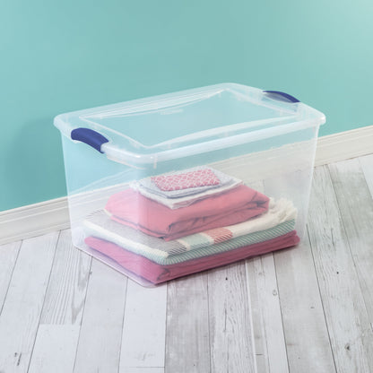 4-Pack 66-Quart Clear Latch Storage Bin – Blue Lid, Stackable, Durable Container