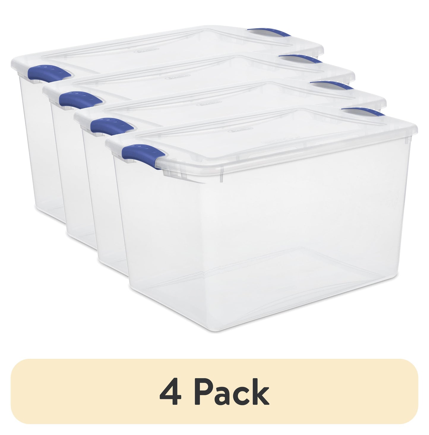 4-Pack 66-Quart Clear Latch Storage Bin – Blue Lid, Stackable, Durable Container