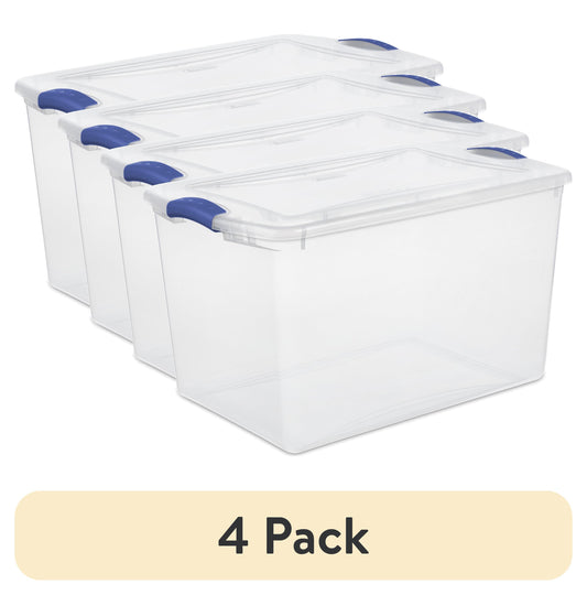 4-Pack 66-Quart Clear Latch Storage Bin – Blue Lid, Stackable, Durable Container