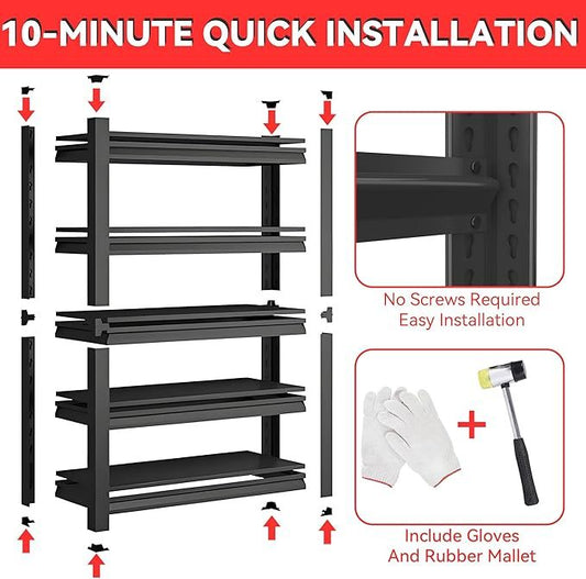 5-layer living room storage rack unit, 72" adjustable storage rack, 2000LBS metal storage rack for home use, suitable for kitchen, living room, storage room, basement and warehouse, black