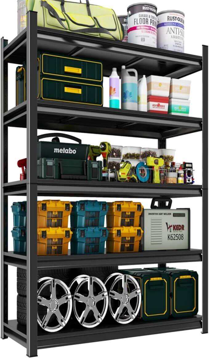 large capacity black storage rack with metal shelves perfect for pantry basement or utility room