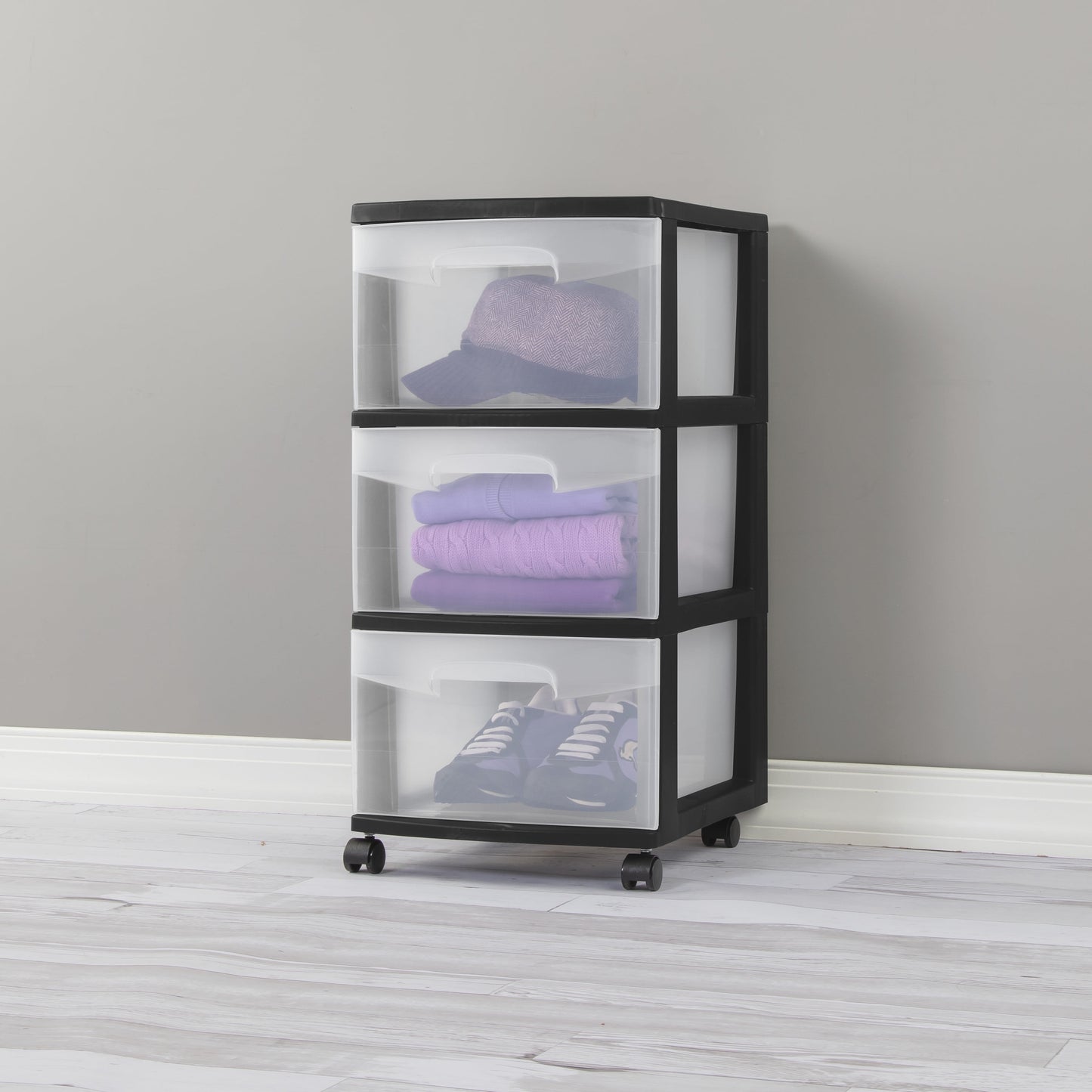 3-Drawer Rolling Storage Cart (2-Pack) ‒ Black Frame, Clear Drawers, Wheels Included