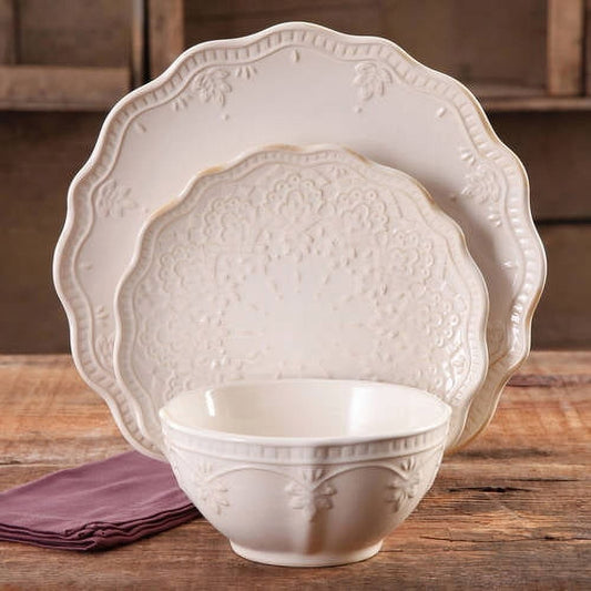 Pioneer Woman Farmhouse Lace 12-Piece Dinnerware Set, Linen
