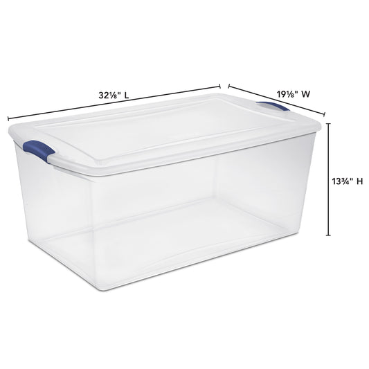 Large Storage Bin, 105 Quart Clear Plastic Storage Bin with Latch Lid, Blue, 4 Count