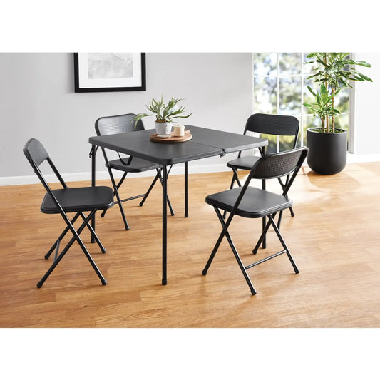 5 Piece Resin Card Folding Table and Four Folding Chairs Set, Black
