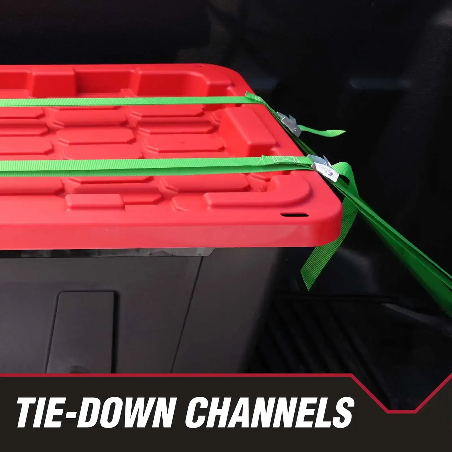 stackable storage totes 27 gallon black bins with red lids for utility room and garage