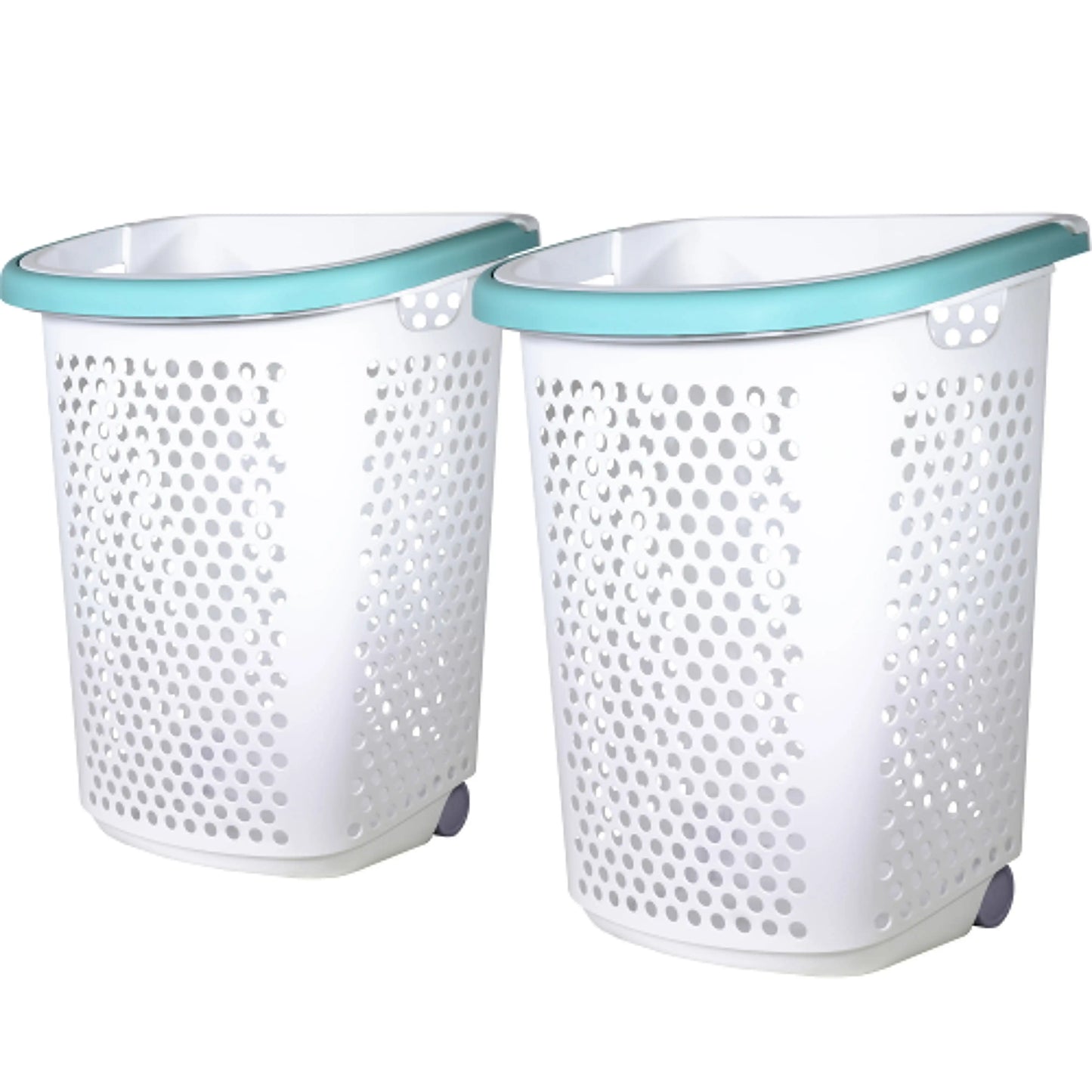 2 Bushel Rolling Plastic Laundry Hamper with Pop-up Handle, White, 2 Pack