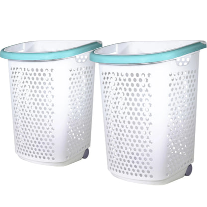 2 Bushel Rolling Plastic Laundry Hamper with Pop-up Handle, White, 2 Pack