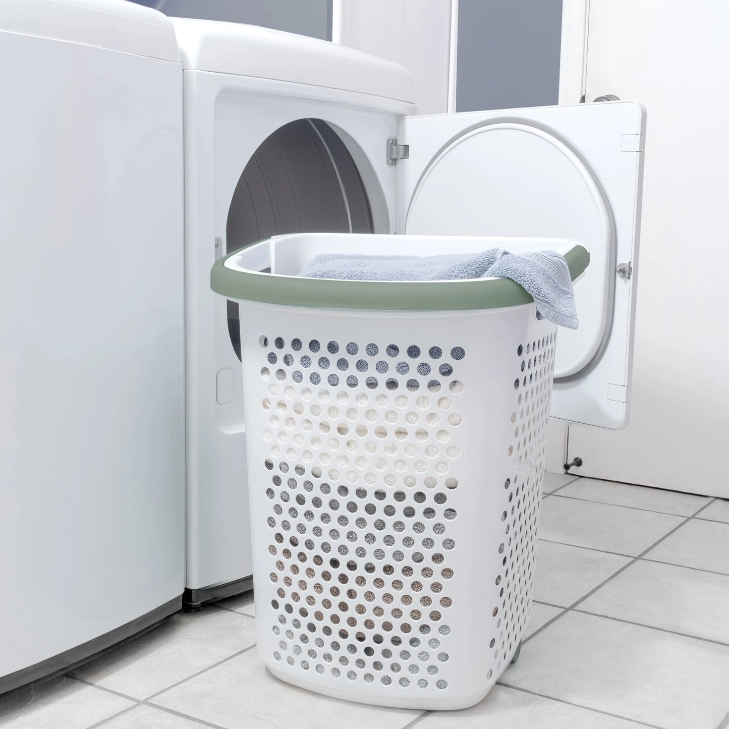 2 Bushel Rolling Plastic Laundry Hamper with Pop-up Handle, White, 2 Pack