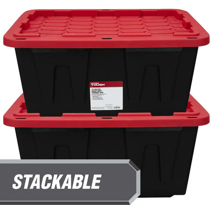 heavy duty plastic storage box 27 gallon black and red stackable organizer