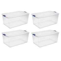 Large Storage Bin, 105 Quart Clear Plastic Storage Bin with Latch Lid, Blue, 4 Count