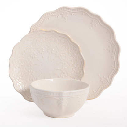 Pioneer Woman Farmhouse Lace 12-Piece Dinnerware Set, Linen