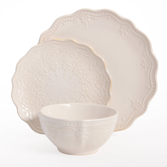 Pioneer Woman Farmhouse Lace 12-Piece Dinnerware Set, Linen