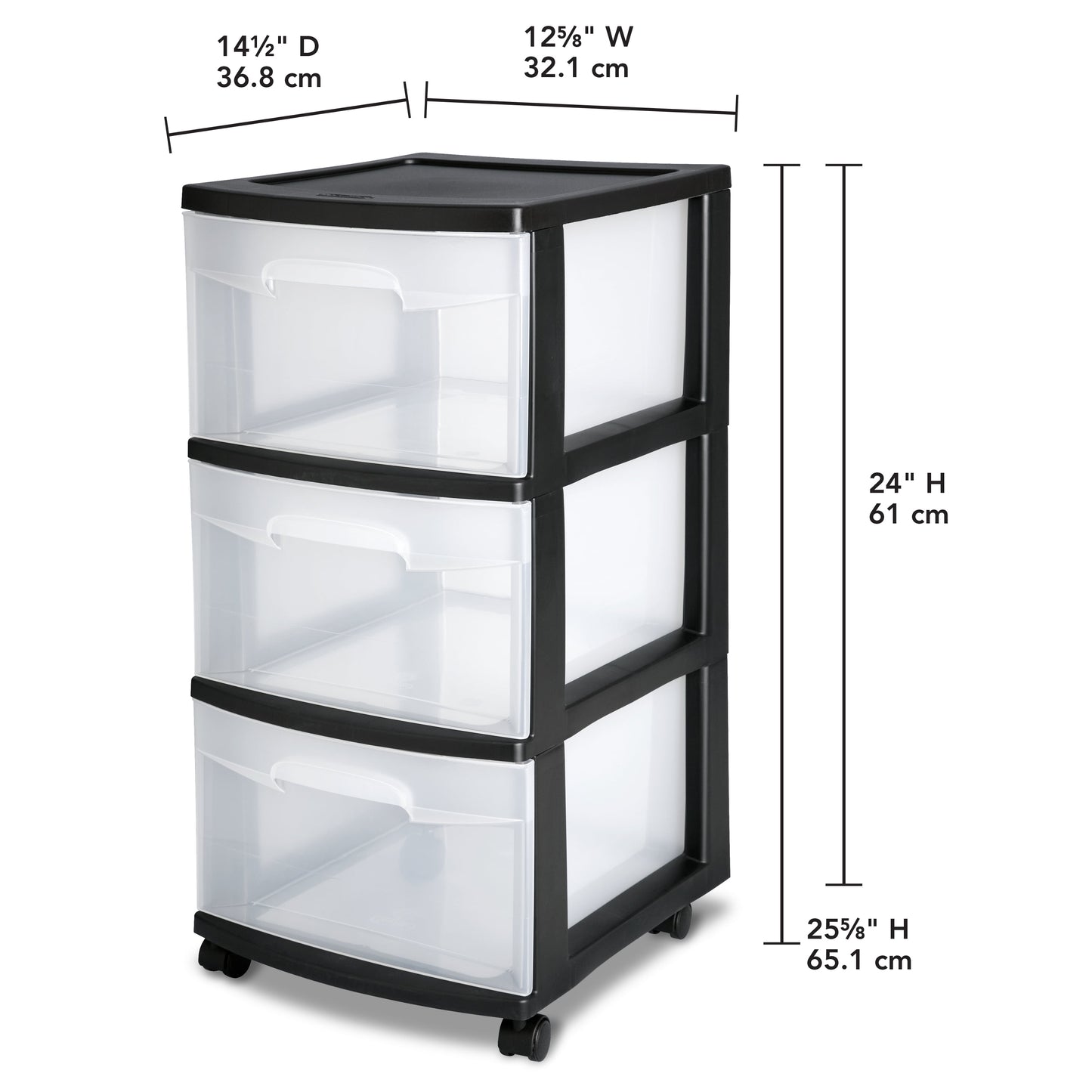 3-Drawer Rolling Storage Cart (2-Pack) ‒ Black Frame, Clear Drawers, Wheels Included