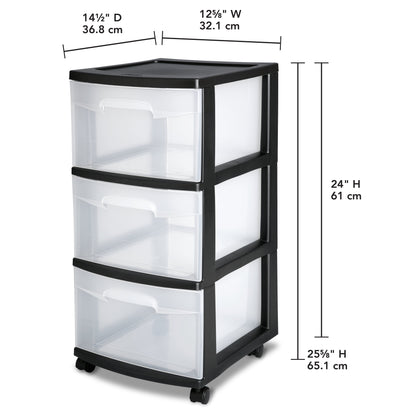 3-Drawer Rolling Storage Cart (2-Pack) ‒ Black Frame, Clear Drawers, Wheels Included