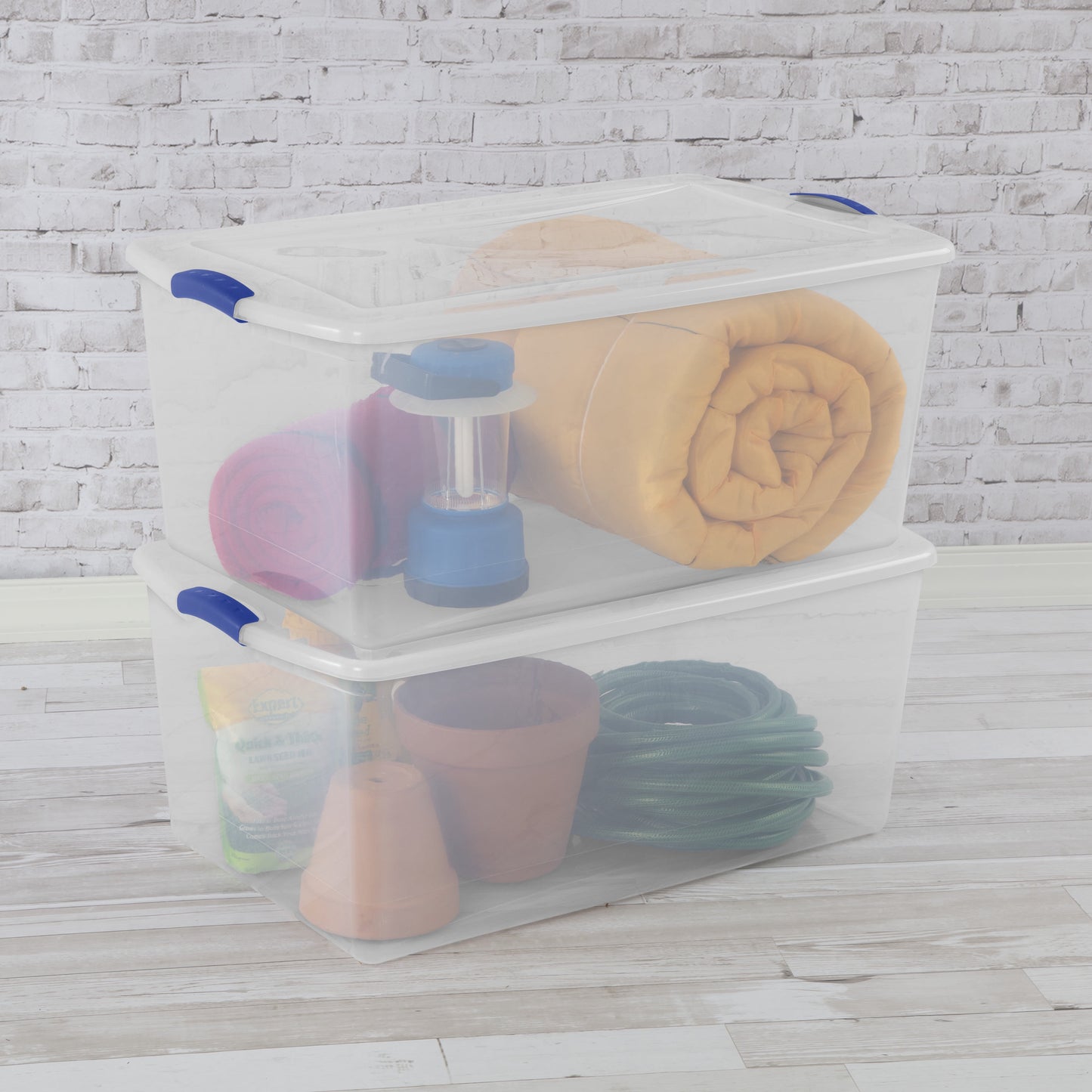 Large Storage Bin, 105 Quart Clear Plastic Storage Bin with Latch Lid, Blue, 4 Count