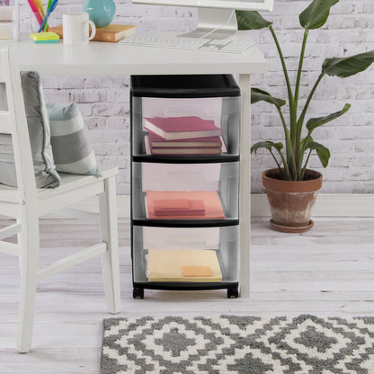 3-Drawer Rolling Storage Cart (2-Pack) ‒ Black Frame, Clear Drawers, Wheels Included