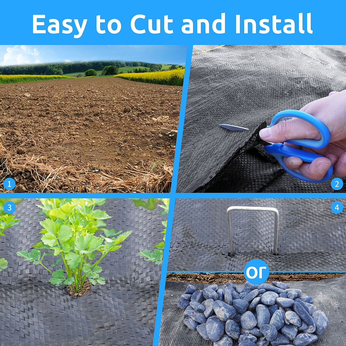 Landscape Fabric with U-Shaped Securing Pegs, Heavy-Duty Block Gardening Mat Weed Control